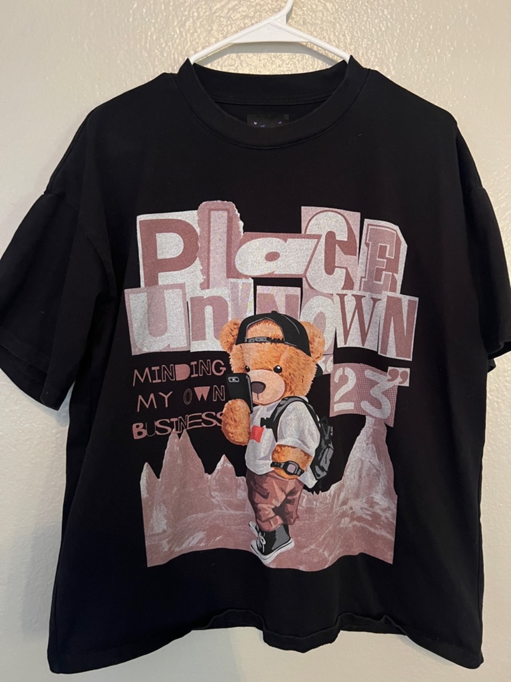 Place Unknown Black Teddy Graphic Short-Sleeve Tee in Pink Accents